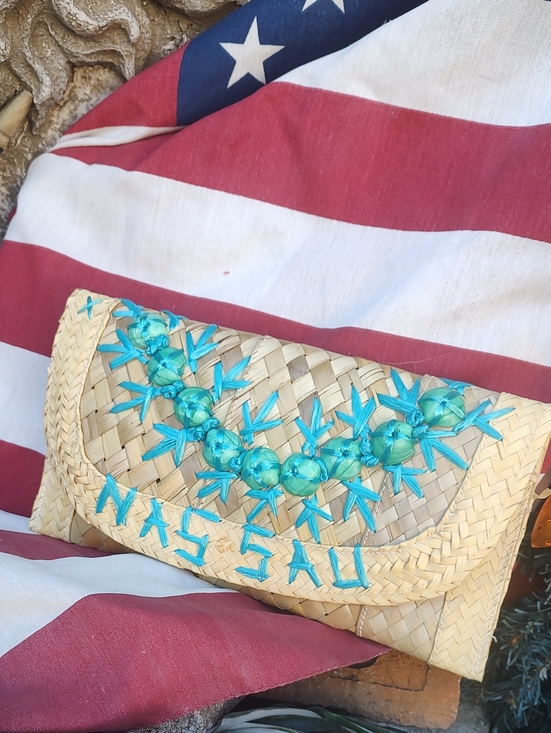 Handbags - Nassau Bag/Woven Straw Clutch with Turquoise Embroidery